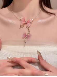 蝴蝶网吊坠项链，简约时尚链条颈链，适合女性日常佩戴 - 粉色 - 查看 2