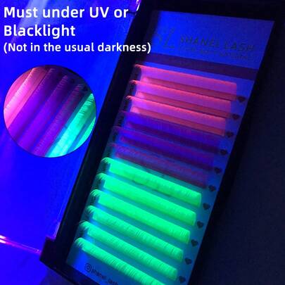 12 Rows Mixed Color Rainbow UV Neon Lash Extensions 0.07 D Curl 12mm Must Under UV Light Can Glow In The Dark Neon Pink Purple Yellow Green Purple Fluorescent Colored Individual Eyelash Extension Trays For Party ,St Patricks Day