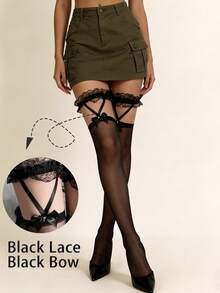 1双 Pure Desire Y2K 水钻蝴蝶结蕾丝吊袜带过膝黑色丝绸女士超薄防勾丝高弹通勤约会街头按扣多功能 - 彩色 - 查看 8