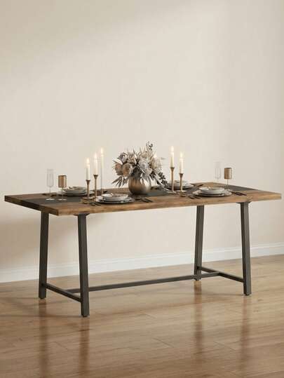 Industrial Wood Grain Dining Table With Black Metal Frame - Large 8-Seater Table For Family & Guest Meals