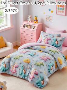 Bộ chăn ga gối họa tiết khủng long 2/3 món, bộ vỏ chăn và vỏ gối bằng polyester hình hoạt hình dễ thương, mềm mại và thoáng khí, có thể giặt máy, quà tặng cho bé trai, bé gái, trẻ em, thanh thiếu niên (1 vỏ chăn + 1/2 vỏ gối, không kèm ruột gối) - Nhiều màu - Xem 1