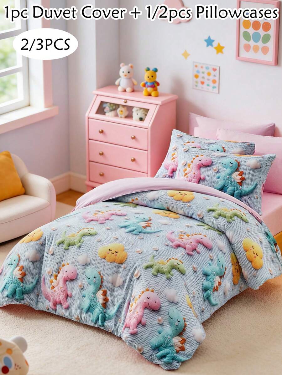 Bộ chăn ga gối họa tiết khủng long 2/3 món, bộ vỏ chăn và vỏ gối bằng polyester hình hoạt hình dễ thương, mềm mại và thoáng khí, có thể giặt máy, quà tặng cho bé trai, bé gái, trẻ em, thanh thiếu niên (1 vỏ chăn + 1/2 vỏ gối, không kèm ruột gối) - Nhiều màu - Xem 1