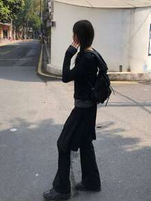 甜美时尚金属扣褶裥长裤 - 黑色 - 查看 5