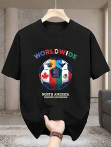 1 Piece 2026 World Cup USA, Canada And Mexico Jersey T-Shirt, The Perfect Gift For Football Fans, 180g Vintage, 100% Cotton, T-Shirt, Spring Clothes, Summer Tops - 黑色 - 查看 6