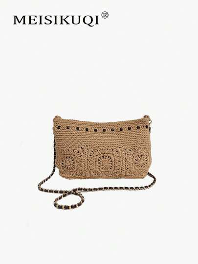 2026春夏新款必备复古钩针铆钉草编包，配金属链条肩带，波西米亚风斜挎包，手工独特设计女士单肩包