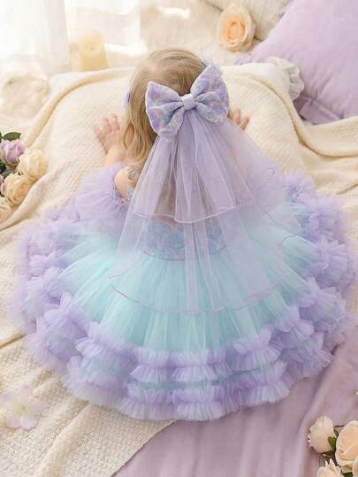 女婴波点泡泡袖蝴蝶结薄纱紫色婚礼派对礼服，优雅公主裙，适合女孩生日、周年纪念、派对、宴会、舞会、节日庆典等场合，附赠头饰