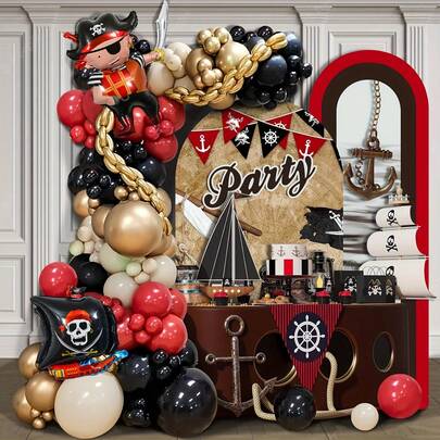 126pcs Pirate Theme Party Balloon Garland Set, Includes Red, Black, Gold, Beige And White Balloons With Pirate Ship Foil Balloons. Suitable For Masquerade Ball, Birthday Party, Pirate Themed Decor, Bachelor Party, Baby Shower And Boy's Birthday Party Decoration.