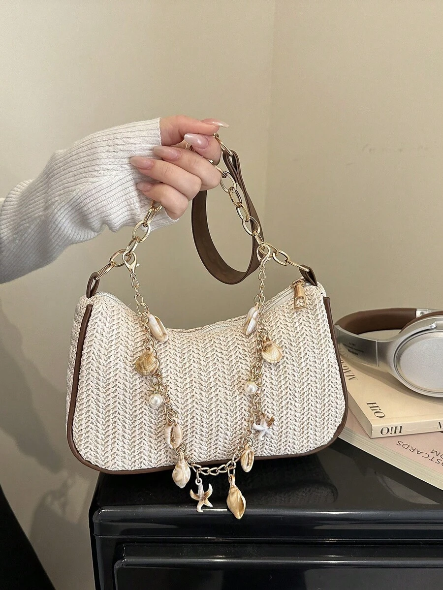女士贝壳珍珠链条草编腋下包，夏季海滩度假风单肩包