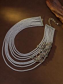 1pc Multi-Layer Pearl & Rhinestone Necklace, Vintage Palace Style Luxury Delicate Collarbone Chain, High-End Formal Dress Accessory - Multicolor - View 2