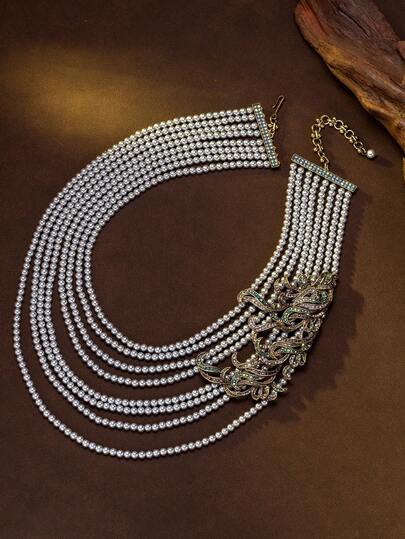 1pc Multi-Layer Pearl & Rhinestone Necklace, Vintage Palace Style Luxury Delicate Collarbone Chain, High-End Formal Dress Accessory