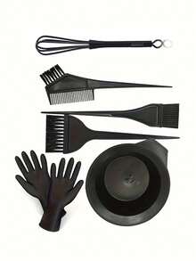 7 Stücke/Set Bleich- und Färbewerkzeuge - Tönung Pinsel, Haarfärbe Pinsel, Mischstab, Färbeschale, Kamm, Färbeschale, Einweghandschuhe - Schwarz - Übersicht 2