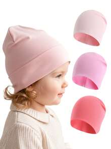 3pcs/Set Baby Solid Color Knit Beanie Hats, Soft Infant Toddler Beanies For 6-24 Months, Spring/Summer/Autumn - Watermelon Pink - View 1
