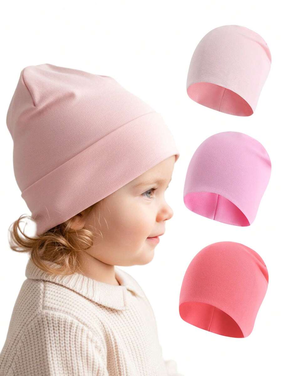 3pcs/Set Baby Solid Color Knit Beanie Hats, Soft Infant Toddler Beanies For 6-24 Months, Spring/Summer/Autumn - Watermelon Pink - View 1