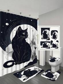 1pc Cat Moon Shower Curtain With Black Cat Silhouette, Crescent Moon, Floral And Butterfly Patterns, Mysterious Design, 70.8x70.8 Inches, With 12 Hooks - C - View 9