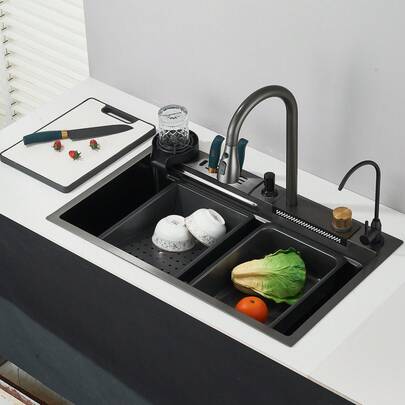 Senlesen Níquel cepillado/Gris metalizado Fregadero de Cocina Acero Inoxidable 80cm, Tarja Moderna con Grifo de Cascada, Cuchillero Integrado y Dispensador de Jabón, para Cocina, Bar o Comedor(80 * 46cm)