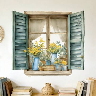 Hình dán tường giả cửa sổ với hoa vàng và cây mọng nước, decal cửa chớp gỗ màu xanh ngọc, hình dán trang trí phòng tắm tự dính chống thấm nước, hình dán tường trang trí nhà cửa, phòng học, phòng ăn, tranh nghệ thuật.