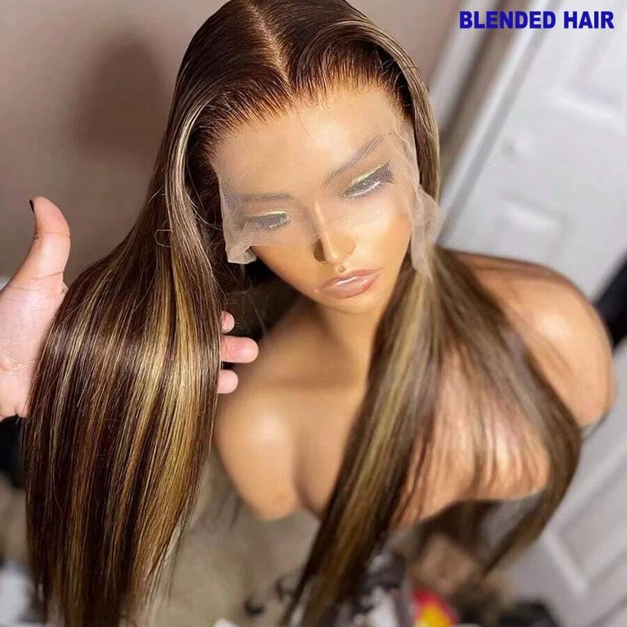 13x4 Inch Realistic High Definition Seamless HD 5*5 Full Lace Frontal Wig, 200% Density Mixed Human Blended Hair, Pre-Trimmed Bleached Knots #P4/27 Highlight Straight Hair Wig, 26 Inch Women Pre-Trimmed HD Lace Frontal Wig With Baby Hair - SP4/27 - View 1