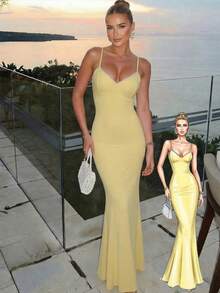 2026 春夏时尚：百搭黄色长款连衣裙，适合日常穿着、休闲通勤、街头风格，优雅性感，修身剪裁，纯色，蕾丝饰边，是海滩/度假、宴会/派对和正式晚宴活动的理想之选。 - 黃色 - 查看 2