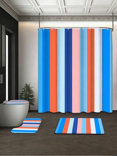 1/4 件套北欧极简条纹浴室浴帘套装，72 英寸*72 英寸 - 彩色条纹防水耐用浴室配件 - 包括马桶盖套、U 型马桶垫和防滑地垫，采用针织涤纶面料制成 - 可水洗，防霉 - 适合春季、家庭/酒店/单身公寓/户外露营/学校宿舍/西式/度假浴室装饰，返校必备，乔迁礼物[附赠 12 个挂钩]