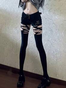 1 Pair Spring/Summer Black Punk Goth Style Ripped Fishnet Y2K Baddie Tights, Goth Hollow Out Long Socks/Pantyhose/Compression Tights, Versatile JK Style Cute Sweet Lolita Pearl Pantyhose, Ballet Style Solid White Vertical Striped Skinny Tights, Slim Fit - Multicolor - View 2
