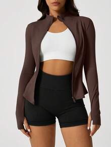 1pc Women's Fishbone Line Black Sports Jacket, Elastic Fitted Yoga Coat - Coffee Brown - View 7