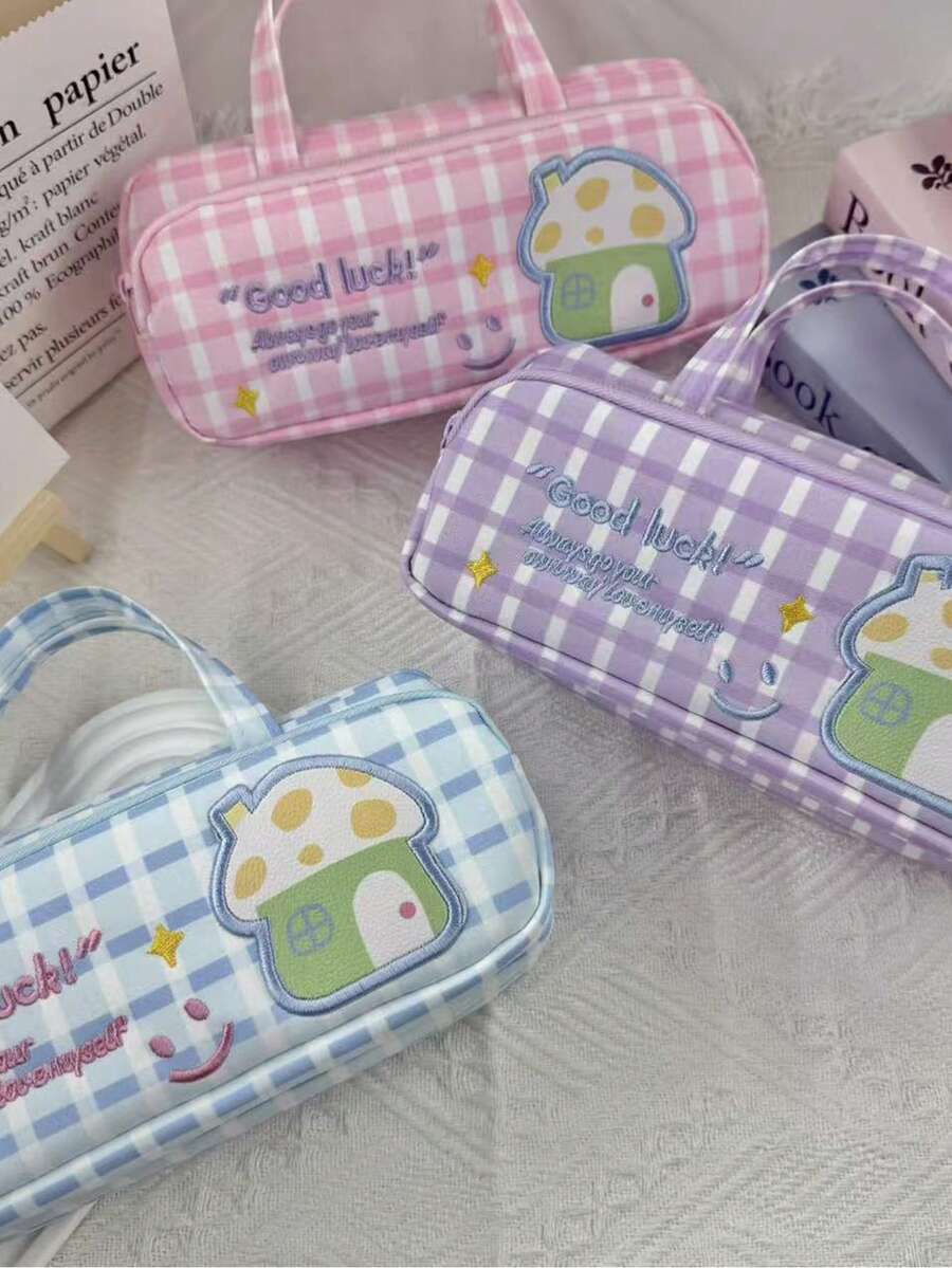 1个可爱蘑菇屋格子铅笔盒，大容量学生文具收纳袋，少女ins风铅笔盒 - 筆袋 - 查看 1