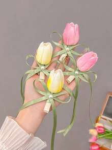 2个装女士粉色可爱郁金香花朵发夹，鸭嘴夹，适合舞蹈、派对、度假和日常使用 - 粉色 - 查看 6