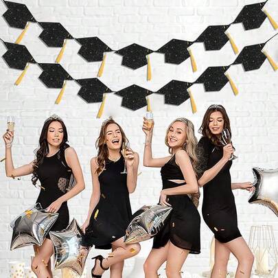 2pcs Graduation Decorative Garland Banners, Featuring Black Glitter Graduation Cap And Tassel Decor, Ideal For 2026 University And High School Graduation Party Decoration
