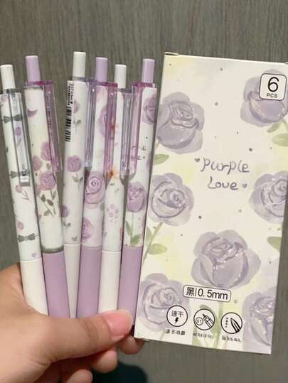 6pcs Purple Bow Stationery Set, Including 1 Ballpoint Pen, 1 Creative Purple Rose Ballpoint Pen, 1 INS-Style High-Quality Signing Pen, Fashionable Student Stationery