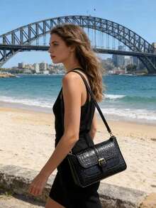 时尚纯色简约腰带装饰单肩斜挎包，适合购物、携带钱包、年轻女性、大学生、职场新人、白领人士。也非常适合办公室、大学、工作、商务、通勤、户外活动、旅行和郊游等场合。 - 黑色 - 查看 2