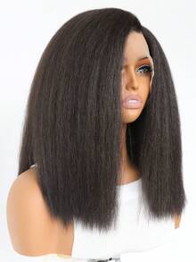 Short 14 Inch Dark Brown Kinky Yaki Straight Lace Front Wig, Afro Texture Synthetic Hair, 5" Deep Side Part, Pre-Plucked Natural Hairline Daily Wear - 黑色 - 查看 6