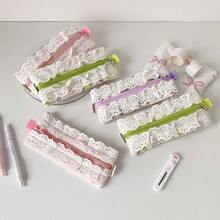 1pc Cute Lace Trim Pencil Case, Small Student Stationery Storage Pouch - Lace-trimmed Pencil Case - View 4