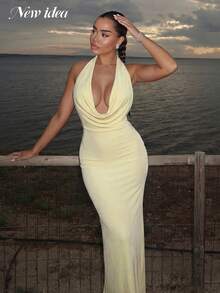 Women's Sexy & Elegant Light Yellow Spaghetti Strap Dress, Deep V-Neck Low Back Fitted Long Gown For Resort, Evening Party - Yellow - View 5