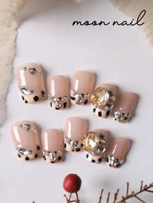 10pcs Press On Nails French Style Leopard Print Flash Diamond Nails Press On Nail Supplies Short Nails Fake Nails Artificial Nails Kit Includes 1sheet Adhesive Tabs &1 Pc Mini File - Multicolor - View 1