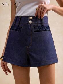Quần short denim cạp cao màu chàm Aliao, quần short ôm sát gợi cảm phong cách retro mùa hè, quần short có túi, trang phục đa năng phong cách bohemian cho lễ hội âm nhạc, bãi biển dành cho nữ. - Màu xanh hải quân - Xem 4