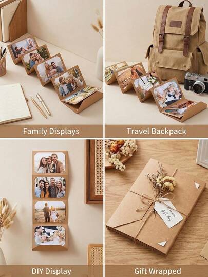 1个6英寸照片和明信片收纳盒，手风琴式DIY折叠相册，卡片折叠相册套，卡其色