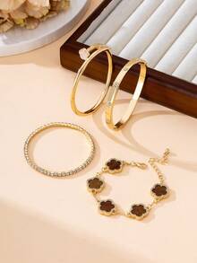4pcs Luxurious Elegant Refined Sparkling Brown Sweet Clover & White Clover Bracelet Set For Women - Brown - View 5