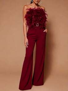 GLOURI Women's  Elegant Burgundy Feather Trim Jumpsuit - Sleeveless Wide Leg Romper With Metallic Belt & Shoulder Detail | Christmas Party & Formal One-Piece For Galas, Weddings & Holiday Events - 酒紅色 - 查看 1