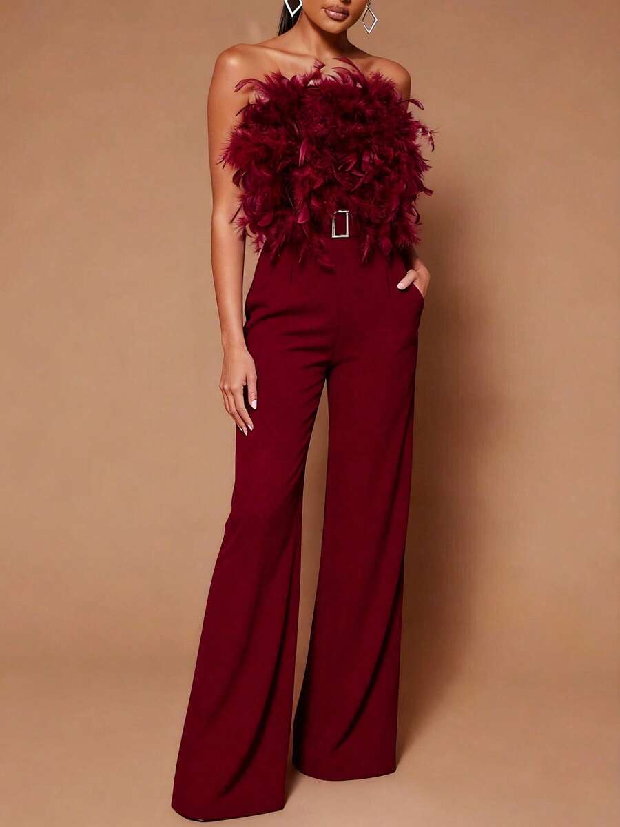 GLOURI Women's  Elegant Burgundy Feather Trim Jumpsuit - Sleeveless Wide Leg Romper With Metallic Belt & Shoulder Detail | Christmas Party & Formal One-Piece For Galas, Weddings & Holiday Events - 酒紅色 - 查看 1