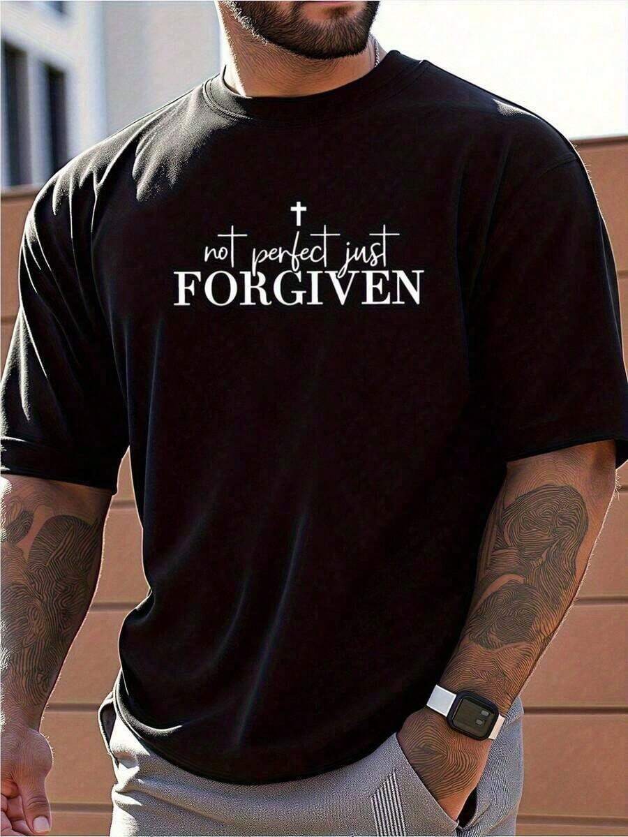 Camiseta para Hombre - Camiseta Negra con Diseño Religioso y Estampado de Cruz con la Frase "No Perfecto, Solo PERDONADO" - Camiseta de Algodón 100% de Alta Calidad para Gimnasio, Iglesia, Uso Casual - Corte Holgado, Transpirable, Ropa Casual - Lavable a Máquina, Ropa Cristiana, Ropa de Gimnasio, Diseño Distintivo, Material Cómodo, Camiseta de Manga Corta, Moda Basada en la Fe 2025 - Negro - Ver 1
