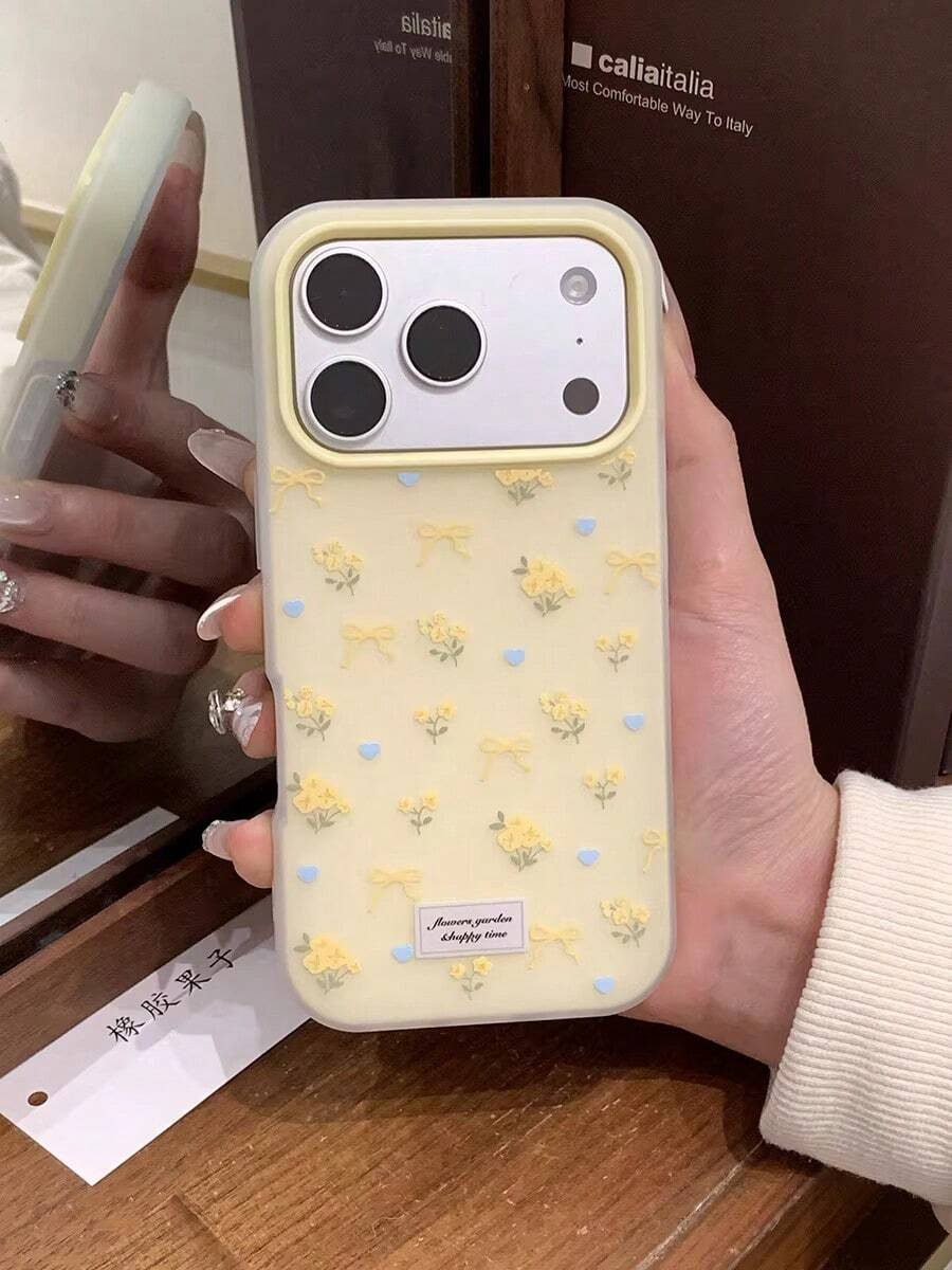 1 chiếc ốp lưng điện thoại hình trái tim màu vàng có nơ và họa tiết hoa, ốp bảo vệ cho iPhone 17 Pro, ốp cứng chống rơi sáng tạo dành cho nữ tính kèm kẹp. - Nhiều màu - Xem 1