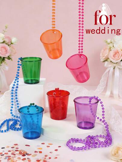 6Pcs Colorful Beaded Shot Glasses Necklaces, Rainbow Color Transparent Cup Bead Necklaces, Wedding Decor, Wedding Party Supplies, Birthday Decor, Anniversary Decor, Plastic Beaded Necklace Cup, Bead Chain Necklace Set, Bridal Shower Party Supplies, Wedding Favors, Party Packs, Party Favors, Bride Accessories