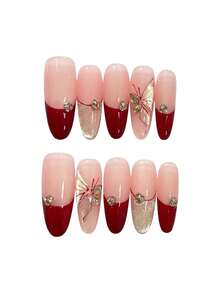 10Pcs Burgundy Gold Butterfly Press On Nails Elegant Design For Party And Daily Use - Multicolor - View 6