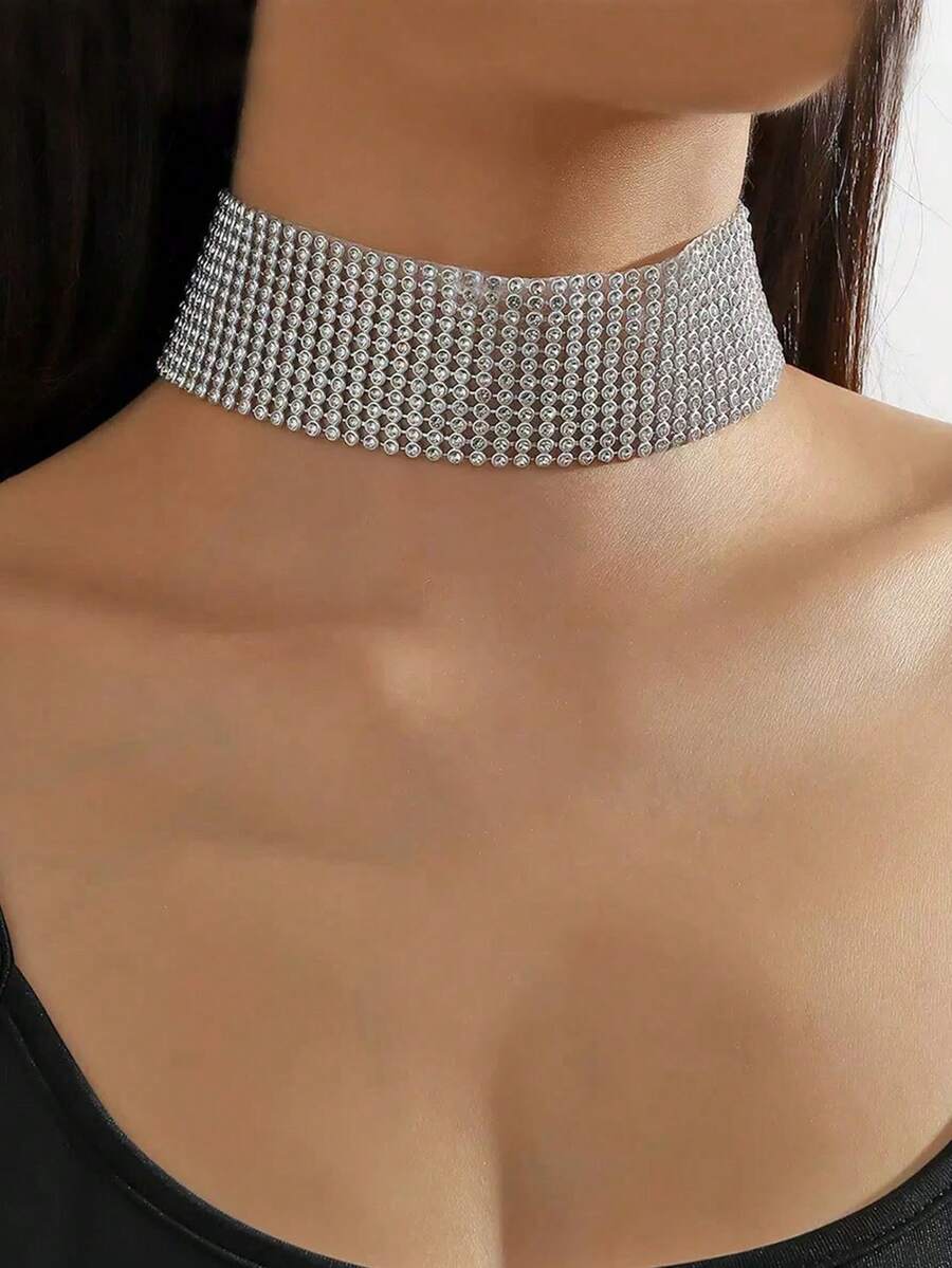 1条闪亮水晶颈链，适合女士婚礼、派对和日常佩戴 - 銀色 - 查看 1