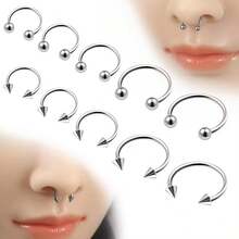 10件装不锈钢马蹄形鼻环圆形弯曲杠铃鼻环耳骨穿刺饰品男女通用婚礼嘻哈礼物（6/8/10/12/14毫米） - 銀色 - 查看 1