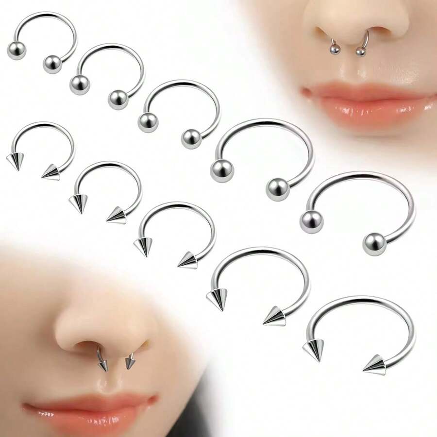 10件装不锈钢马蹄形鼻环圆形弯曲杠铃鼻环耳骨穿刺饰品男女通用婚礼嘻哈礼物（6/8/10/12/14毫米） - 銀色 - 查看 1