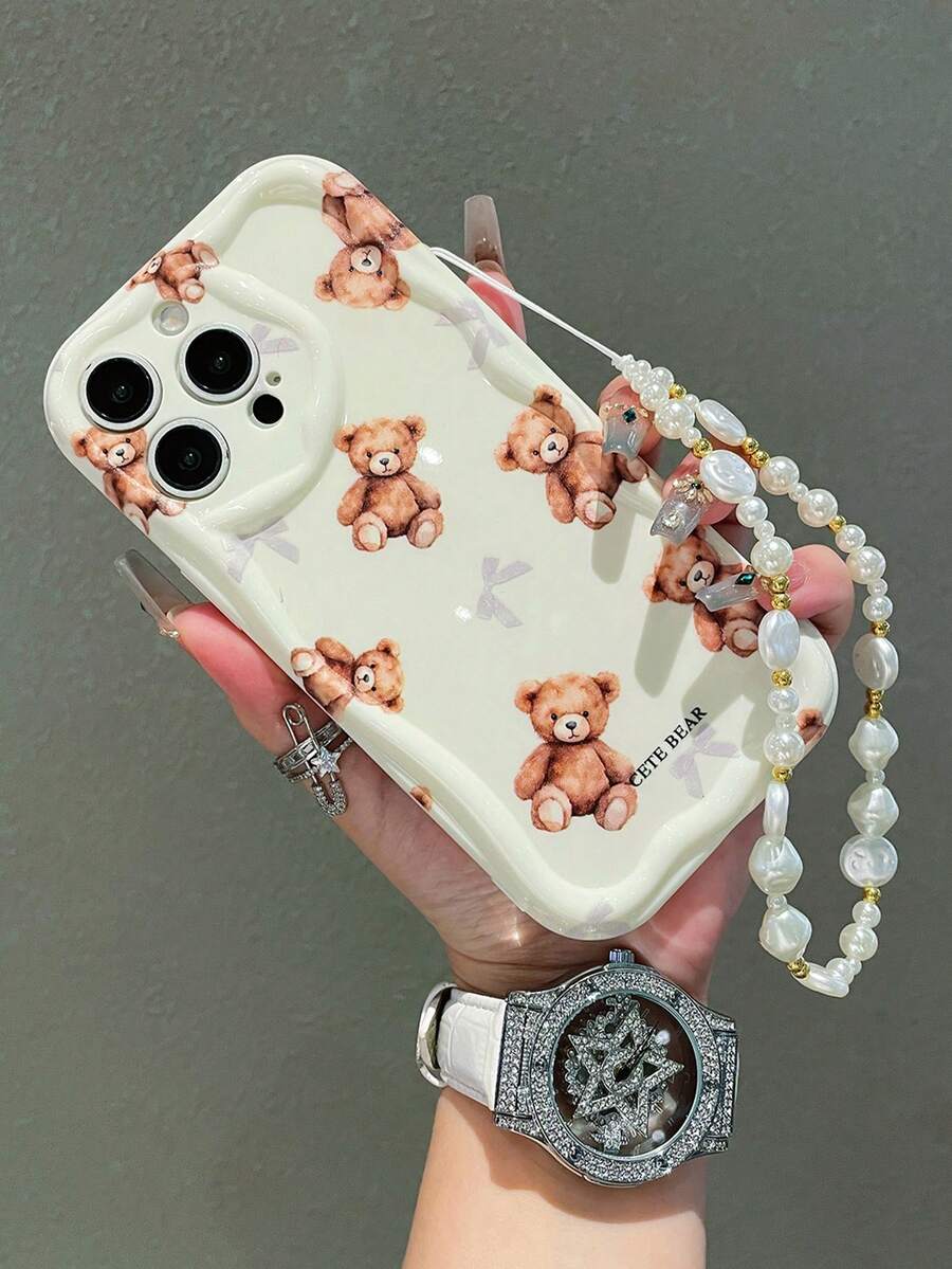 亮泽清新！亮泽乳白色泰迪熊手机壳，3D波浪边框，全摄像头保护，防摔，清新泰迪熊手机壳，甜美女孩泰迪熊手机壳，兼容 11/12/13/14/15/16系列，防滑保护壳，兼容 17/17Pro/17ProMax/Air系列，柔软防震保护壳，治愈系乳白色泰迪熊手机壳，夏日泰迪熊！ - 米色 - 查看 1