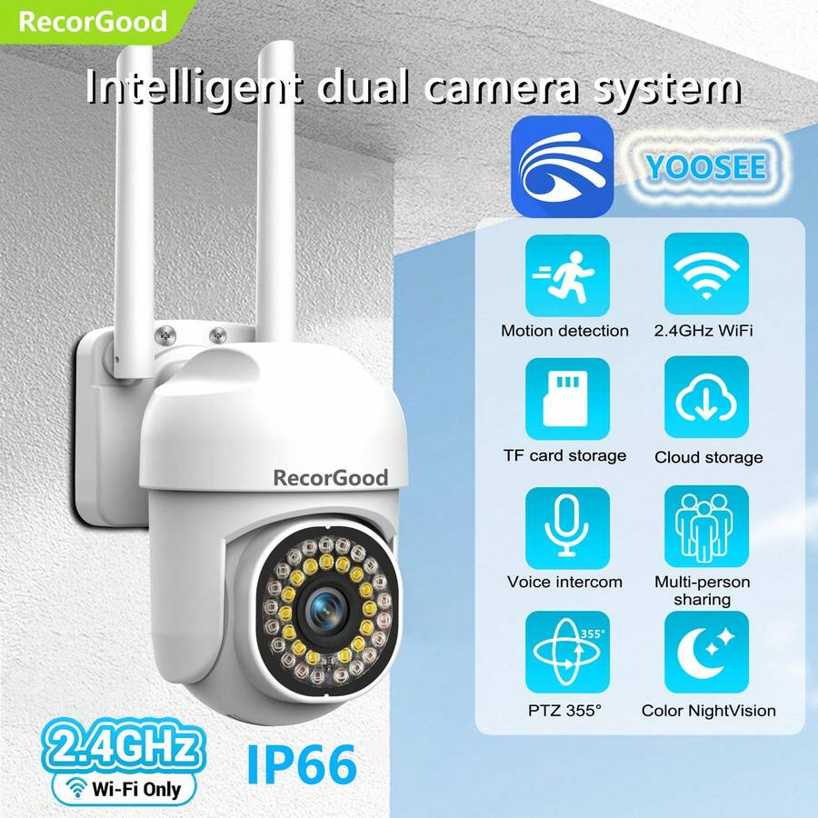 RecorGood 1个1080P YOOSEE多功能无线户外安防摄像头，IP66防护等级，支持WiFi监控、高清视频，可用于宠物照护和家庭监控，配备旋转镜头、夜视功能、移动侦测和双向语音通话，适用于家庭、庭院、阳台等户外场所，是万圣节、圣诞节、新年等节日的理想礼物之选。