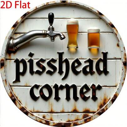 2D平面 - 1件复古“PISSHEAD CORNER”圆形木质标牌 - 8英寸 x 8英寸，采用乡村壁画设计，饰有水龙头和啤酒杯图案，适用于家居、酒吧、咖啡馆、车库装饰，墙面艺术 | 幽默标牌 | 做旧处理，墙面装饰，预钻孔如图所示