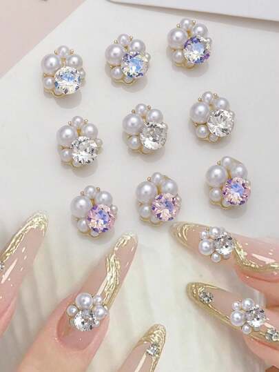 10pcs 3D Pearl, Rhinestone And Golden Metal Nail Art Decoration Set, Suitable For Home, Salon, Wedding, Valentine's Day And Special Occasions, Ideal For Girls, Moms, Sisters, Wives And Girlfriends, Punk And Retro European Style Nail Gems